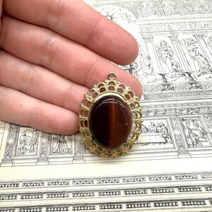 Vintage Jewelry Tigers Eye Pendant with Gold Tone Filigree Brown Gold Pendant